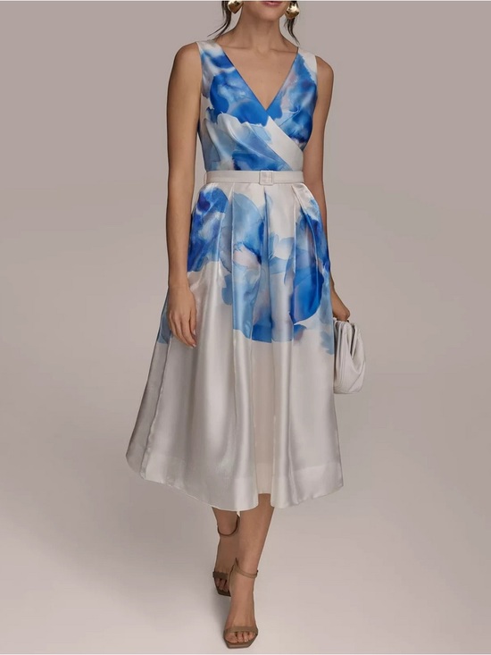 Donna Karan Dresses & Skirts - Donna Karan White Midi Dress with Blue Floral Print